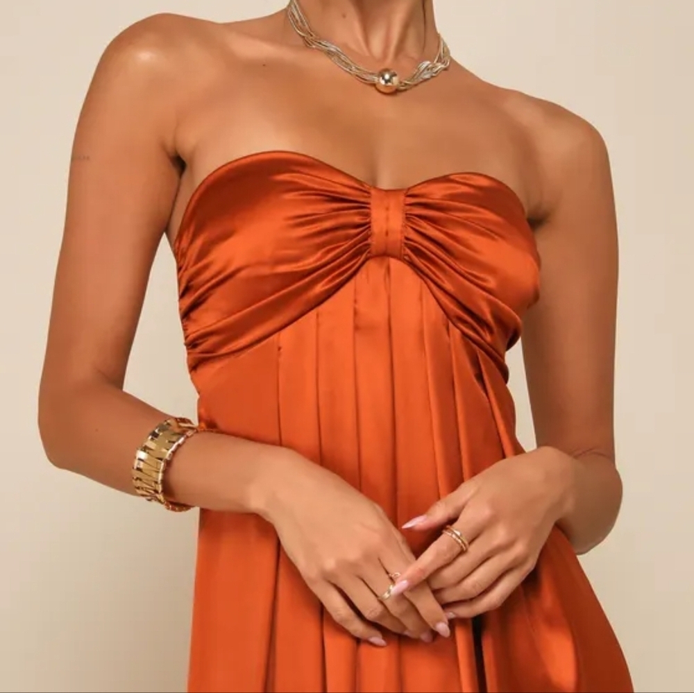 Lulus 2X Memorable Entrance Rust Orange Strapless Satin Maxi Dress, Size 2X - Picture 3 of 11